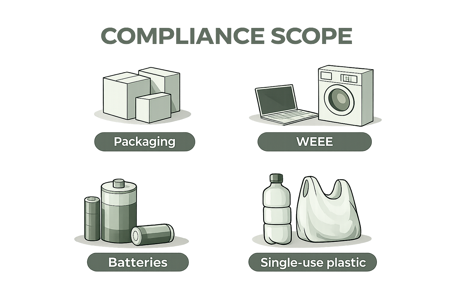 Compliance scope overview covering packaging, WEEE and batteries